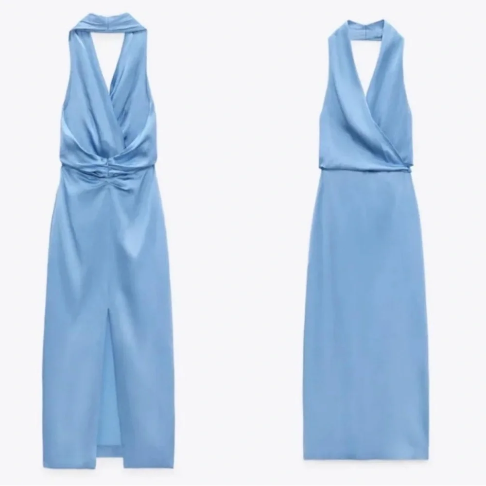 Zara blue satin effect halter top ruched open back midi slip dress NWT - Picture 9 of 16